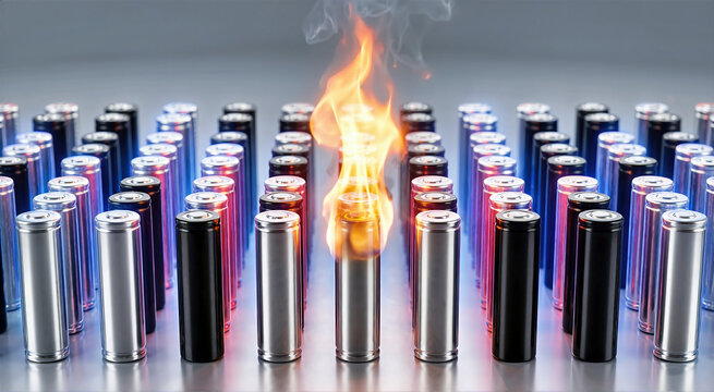 Lithium battery cell fire in a grid. Cylindrical battery pack thermal runaway with orange flame