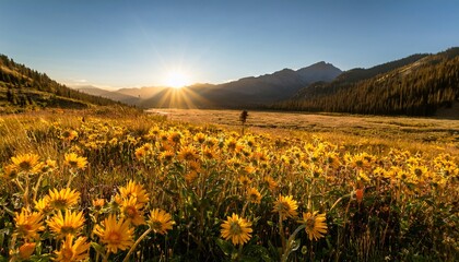 Fototapeta premium Arrowleaf Balsamroot In A Field Basking In The Light Of The Rising Sun At Bear Creek San Juan National Forest Colorado