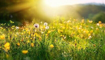 Fototapeta premium Wild Field Flowers And Green Grass Sun Light Meadow Summer Spring Nature