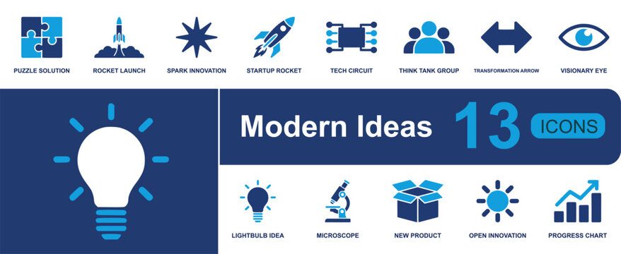 Modern ideas icon set. Containing puzzle solution, startup rocket, tech circuit, team, visionary eye, idea bulb, microscope, new product, progress chart and more. Solid fill vector icons.