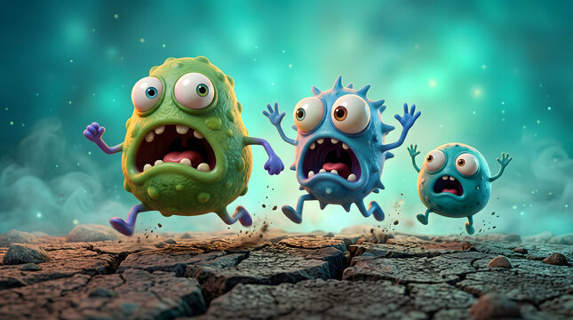 Three cartoon bacteria monster characters running away scared on cracked rocky ground