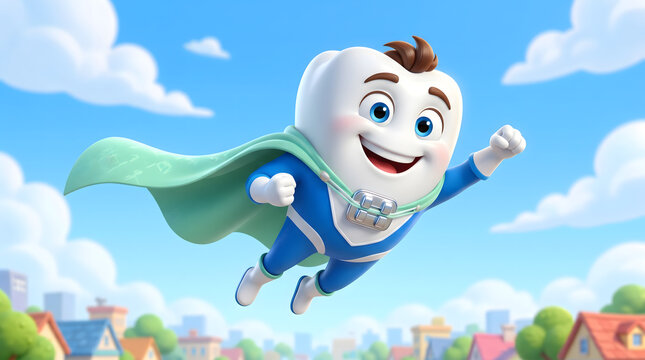 Flying cartoon tooth superhero with braces and green cape in blue sky