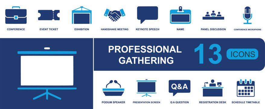 Professional gathering icon set. Containing conference, ticket, expo booth, keynote speech, panel discussion, podium speaker, registration desk, QA, agenda and more. Solid fill vector icons.