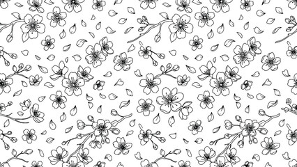 Monochrome Floral Pattern with Hand-Drawn Blossoms and Leaves. © pixmastock