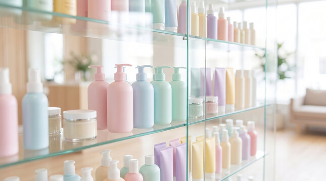 Cosmetic bottles and jars on glass shelves in beauty salon retail display of organic skin care products body lotion shampoo pump dispenser pastel colors packaging mockup merchandise background