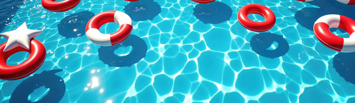 Red and white patriotic floating pool toys in clear blue water. Concept of summer fun and holiday celebrations. Ideal for articles on outdoor activities and festive gatherings.
