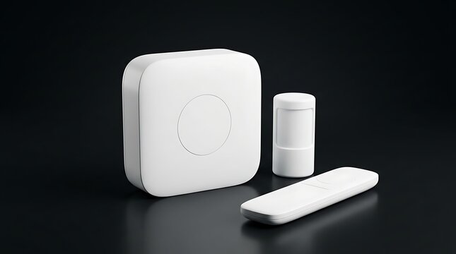 Modern white smart home automation hub motion sensor and remote controller on dark background for wireless connectivity