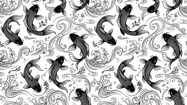 Repetitive monochrome pattern featuring stylized fish and swirling decorative lines.