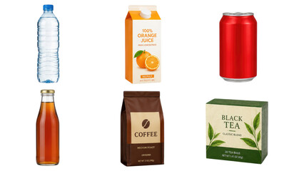 Obraz premium Six assorted beverage packages: plastic water bottle, orange juice carton, red soda can, amber glass bottle, coffee bag, and box of black tea