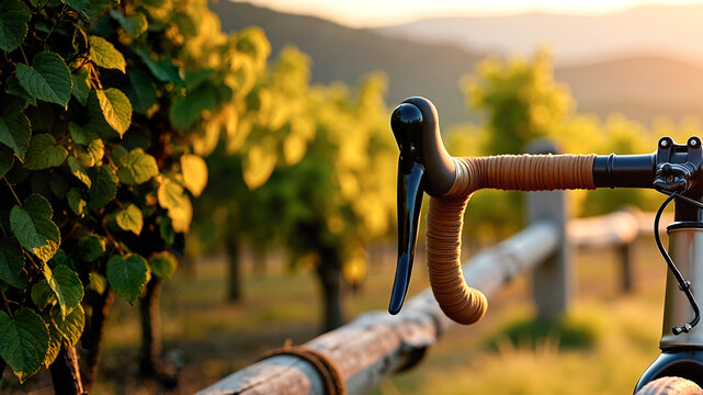 Close up of gravel bike drop handlebars with tan tape next to a weathered wooden fence. Lush green vineyard and rolling hills in warm sunlight. Rural cycling and outdoor recreation