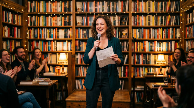 Smiling woman holding microphone reading poetry to clapping audience in cozy bookstore library