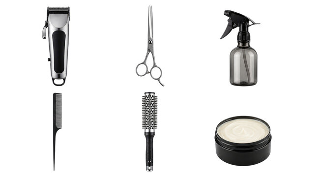 Flat lay of professional hair styling tools: clipper, scissors, spray bottle, tail comb, round brush, and jar of styling cream on a transparent background