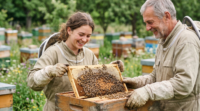 Senior beekeeper and young apprentice inspecting honeycomb frame in sunny apiary
