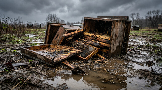 Destroyed wooden beehives and dead bees in muddy field under gloomy stormy sky