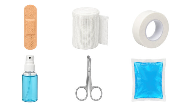 Six first aid items arranged in two rows: adhesive plaster, gauze roll, medical tape, blue spray bottle, medical scissors, and blue gel cold pack