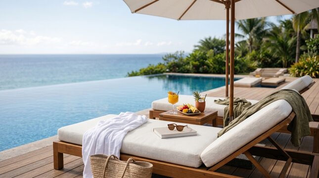 Luxury resort infinity pool area with wooden sun loungers white towels straw beach bag sunglasses book cocktail and tropical fruits plate overlooking blue ocean under sunny sky background