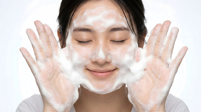 Woman holding foam covered hands near face with eyes closed on light background