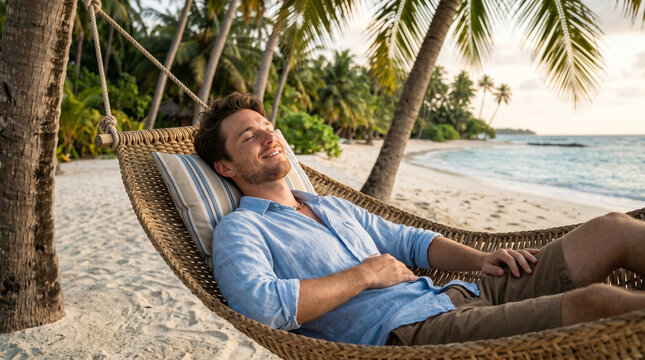 Man relaxing in woven hammock on tropical beach with palm trees and ocean