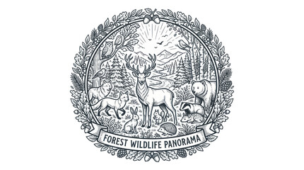 Whimsical Forest Wildlife Panorama Circle Emblem Illustration © anis