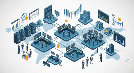 Global network of data centers and business operations visualized with isometric illustrations and world map. © dal