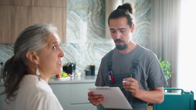Professional handyman in overalls discussing repair request with senior female client and filling out work order form on clipboard during residential consultation