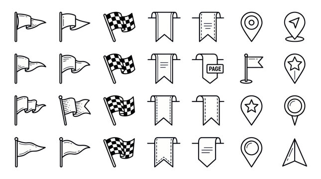Hand-Drawn Flags, Banners, and Map Pins Icon Set - Doodle Style