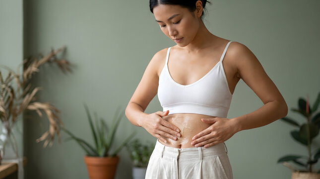 Woman examining scar on stomach near indoor plant in soft green toned room