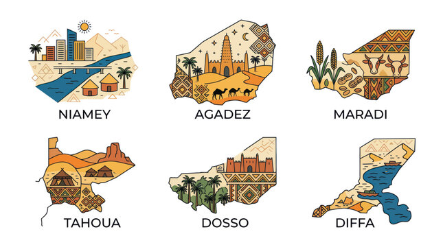 Niger Map Shapes: Niamey, Agadez, Maradi, Tahoua, Dosso, Diffa