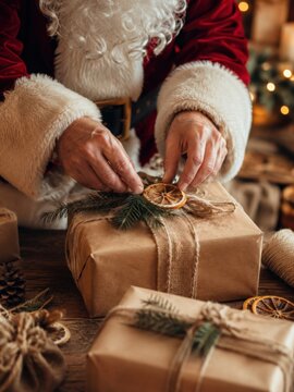 Weihnachtsmann verpackt Geschenke mit Naturdekoration aus Tannenzweigen und Orangenscheiben, nachhaltige Geschenkverpackung zur Weihnachtszeit