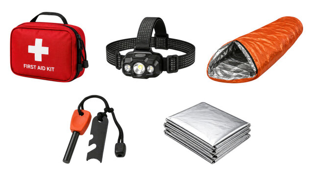 Emergency camping kit including first aid kit, headlamp, sleeping bag, firestarter and emergency blankets