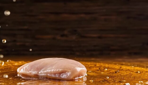 Fresh Raw Chicken Breast Splashing into Golden Marinade with Dynamic Liquid Motion