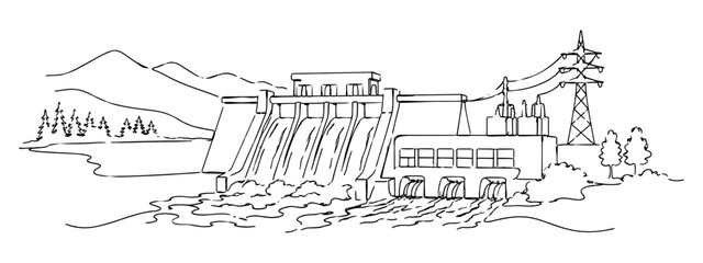 Fototapeta premium Hydroelectric dam generating renewable energy with flowing water, power infrastructure, electricity production, and sustainable resource concepts.