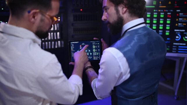 Two male it engineers analyzing network infrastructure on a tablet in a modern data center server room