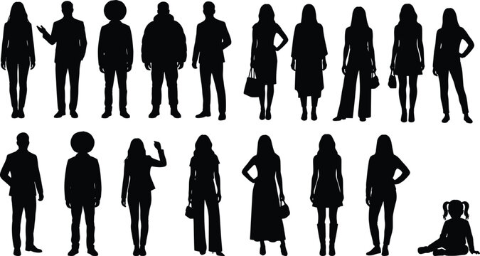 Set of black silhouettes featuring diverse business professionals men and women in smart casual clothing fashion models posing and a small child sitting isolated on white background