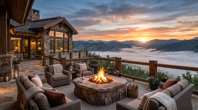 Luxury Mountain Home Terrace with Fire Pit at Sunset. Elegant Outdoor Living with fog in the valley in the distance and rolling hills behind