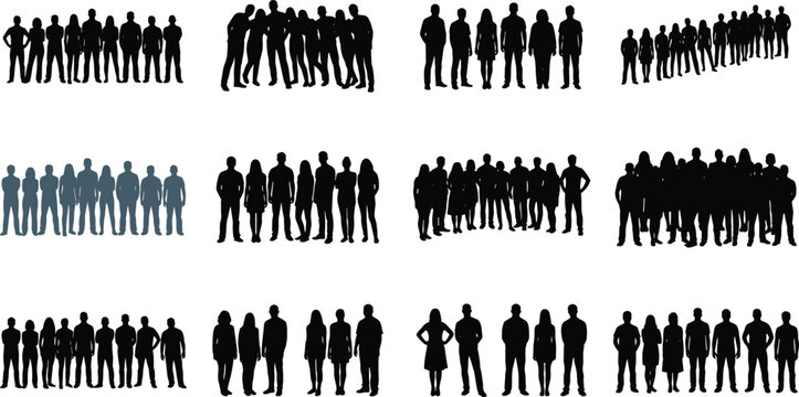 Set of diverse crowd silhouettes featuring groups of people standing together corporate teams and casual crowd isolated on white background