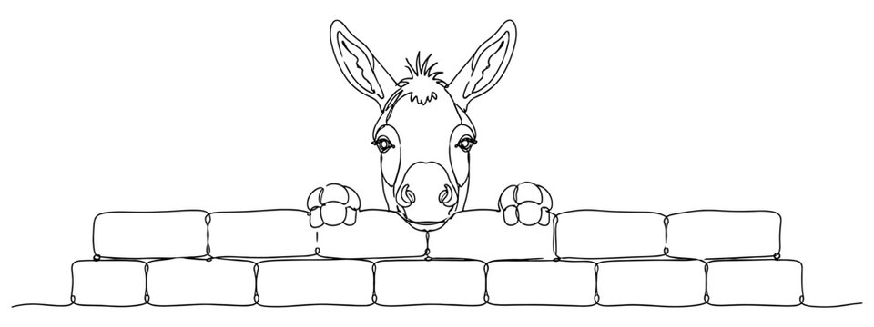 Cute donkey peeking over a brick wall with a curious expression, creating a friendly and humorous farm animal scene.