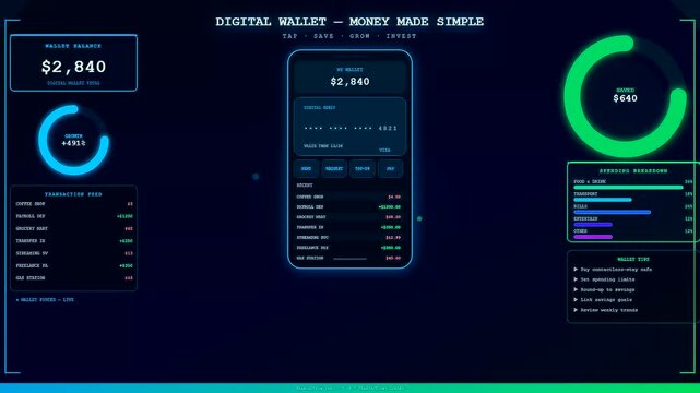 The process of youth financial education is depicted through a digital interface showing personal banking growth stats and transaction lists on a dark monitor screen
