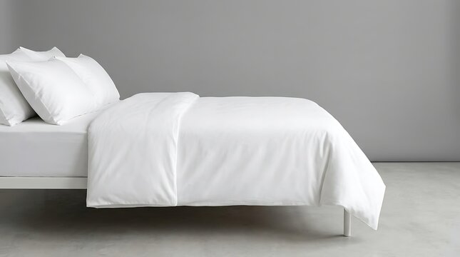 side view of modern bed with white bedding duvet and pillows in minimalist bedroom setting for interior design mockup