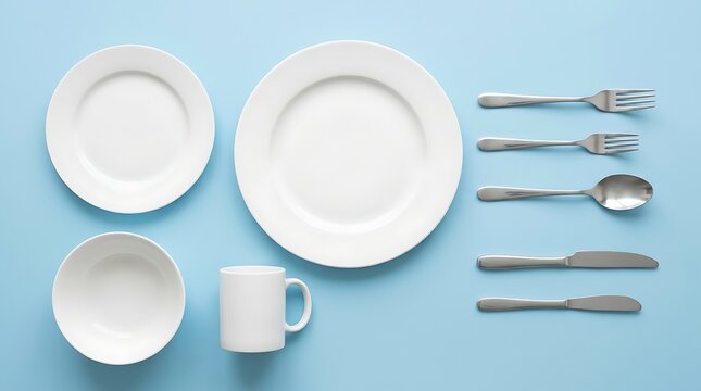 Top view of kitchen dinnerware set with empty white plates bowl mug and silverware organized on blue background for food plating