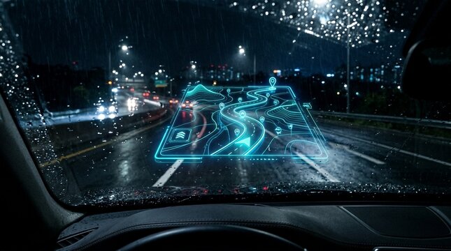 Futuristic head-up display navigation system projected onto car windshield at night in rain