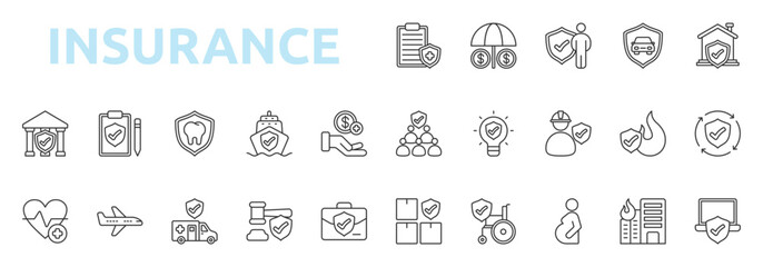 Fototapeta premium Insurance icon set outline style with policy, coverage, insured, property, institution, agreement, compensation icons