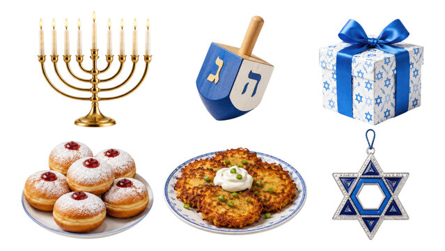 Hanukkah celebration objects: golden menorah with lit candles, blue-and-white dreidel, wrapped gift with Star of David pattern, jelly-filled donuts, potato latkes on plates, Star of David ornament