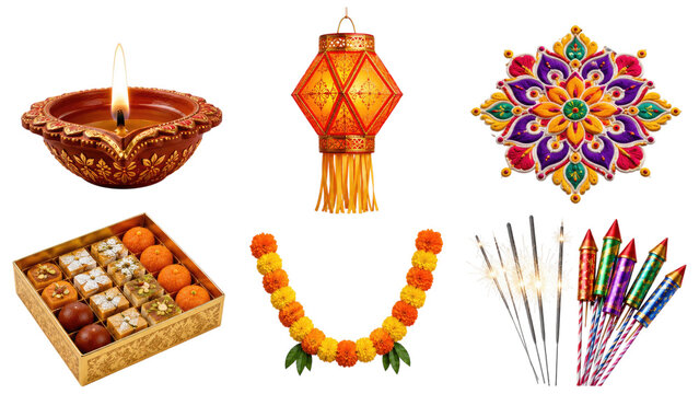 Bright Diwali celebration set featuring a lit clay diya, decorative lantern, colorful rangoli, assorted mithai box, marigold garland and fireworks including sparklers and rockets