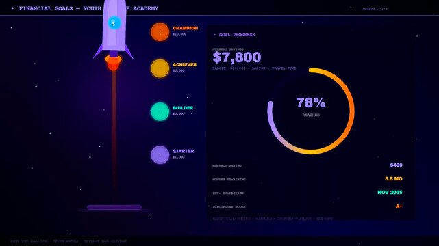 a colorful digital interface illustrating youth financial education as a space rocket ascending through three distinct stages of savings progress against a dark purple cosmic background