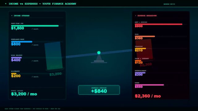 A digital graphic interface focusing on youth financial education displaying shifting balance scales representing monthly income and expenses as data points move toward a positive surplus outcome