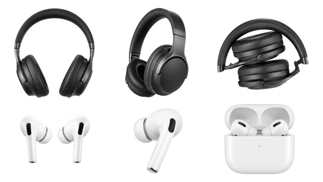 Black foldable over-ear headphones and white true wireless earbuds with charging case displayed on a transparent background