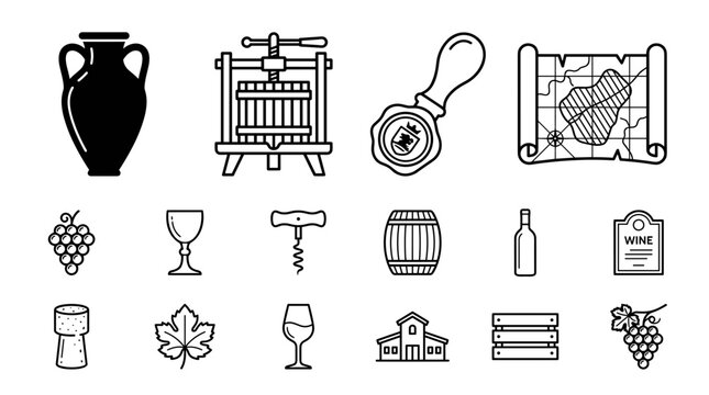 Collection of wine making and wine tasting icons and symbols