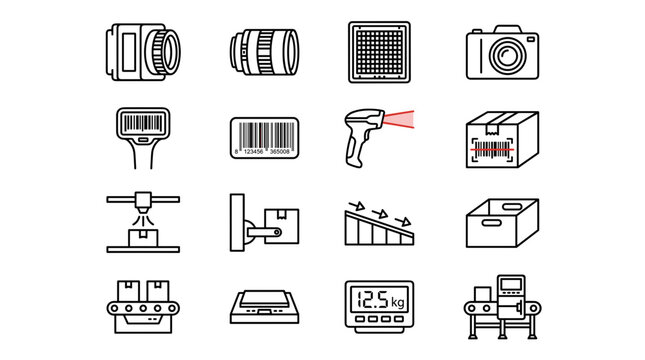 Set of icons representing logistics and warehouse operations including cameras scanners boxes and conveyor belts