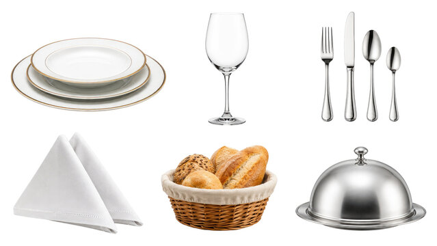 Elegant formal table setting with gold-rimmed plates, wine glass, stainless cutlery, folded napkins, bread basket with rolls and a silver cloche